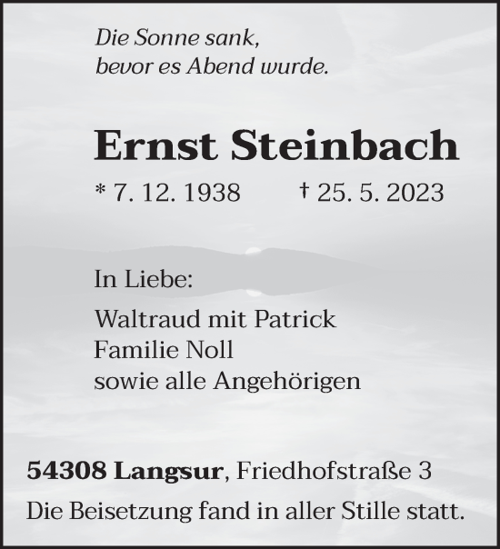 Traueranzeige von Ernst Steinbach von trierischer_volksfreund