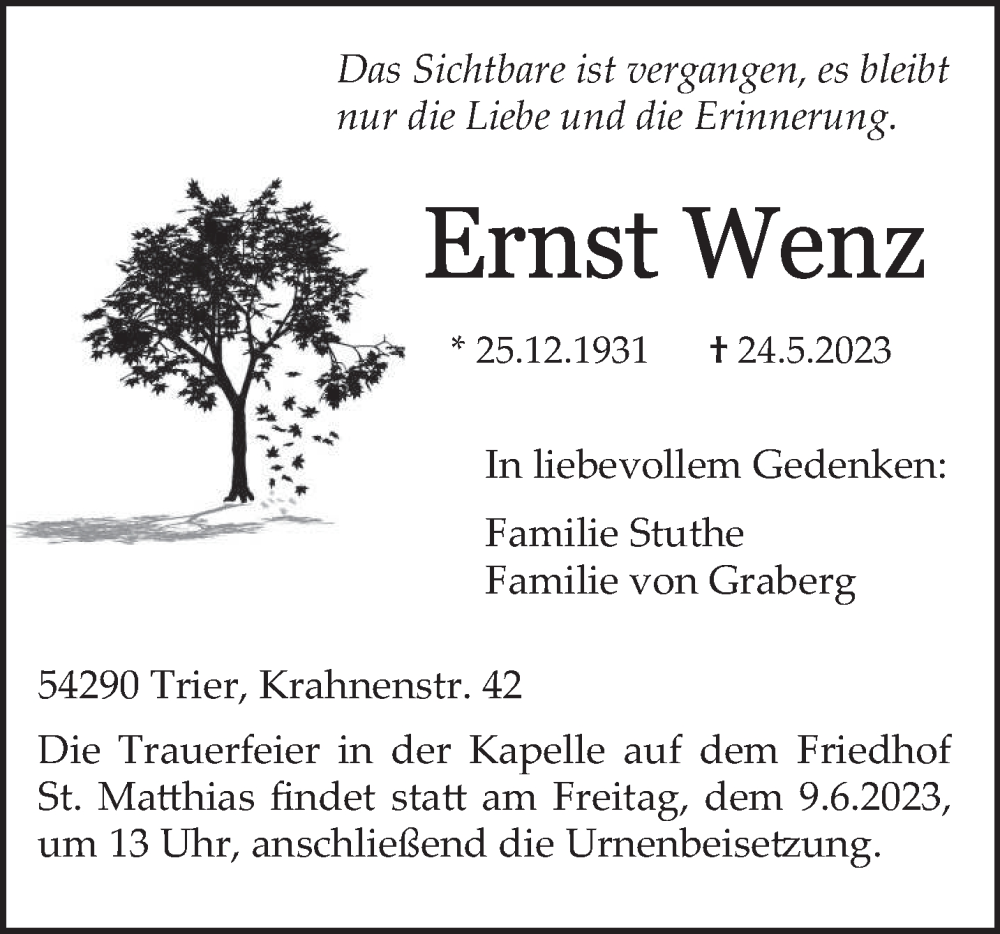  Traueranzeige für Ernst Wenz vom 03.06.2023 aus trierischer_volksfreund