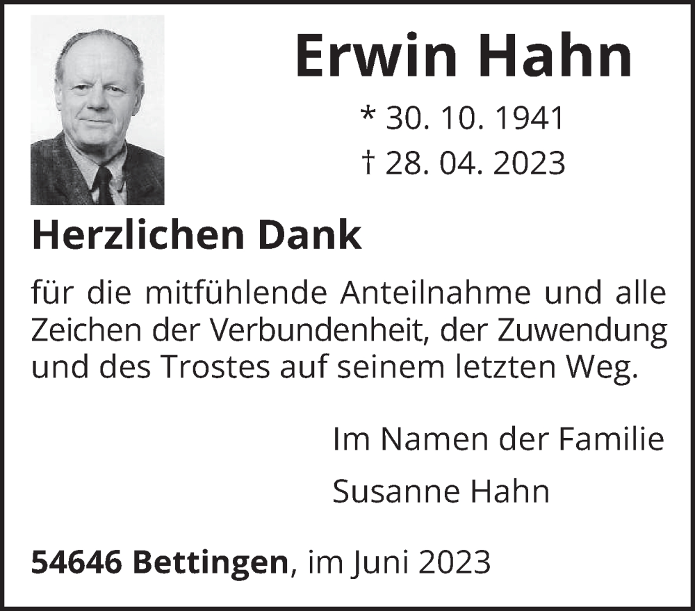 Traueranzeige für Erwin Hahn vom 24.06.2023 aus trierischer_volksfreund