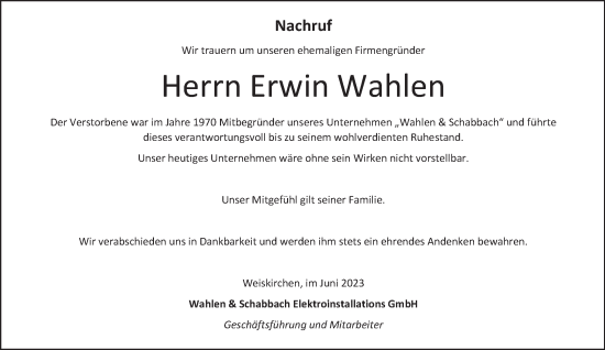 Traueranzeige von Erwin Wahlen von trierischer_volksfreund
