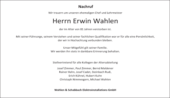 Traueranzeige von Erwin Wahlen von trierischer_volksfreund