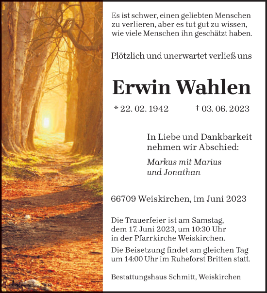 Traueranzeige von Erwin Wahlen von trierischer_volksfreund