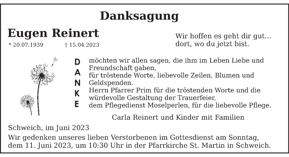  Traueranzeige für Eugen Reinert vom 03.06.2023 aus trierischer_volksfreund
