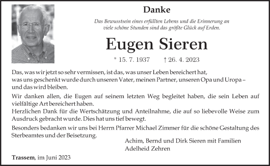 Traueranzeige von Eugen Sieren von trierischer_volksfreund