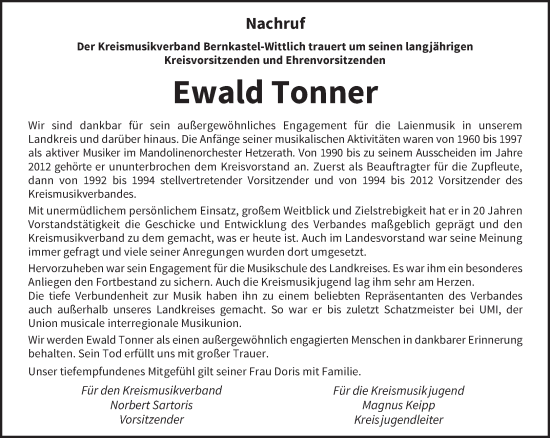 Traueranzeige von Ewald Tonner von trierischer_volksfreund