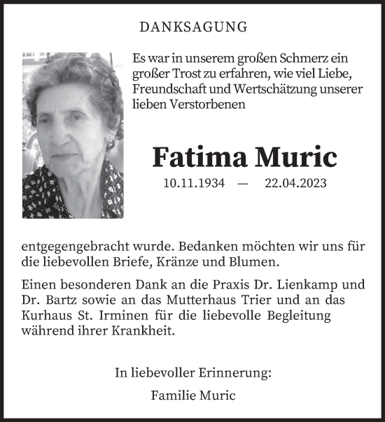 Traueranzeige von Fatima Muric von trierischer_volksfreund