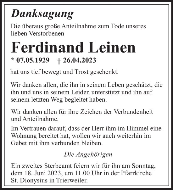 Traueranzeige von Ferdinand Leinen von trierischer_volksfreund