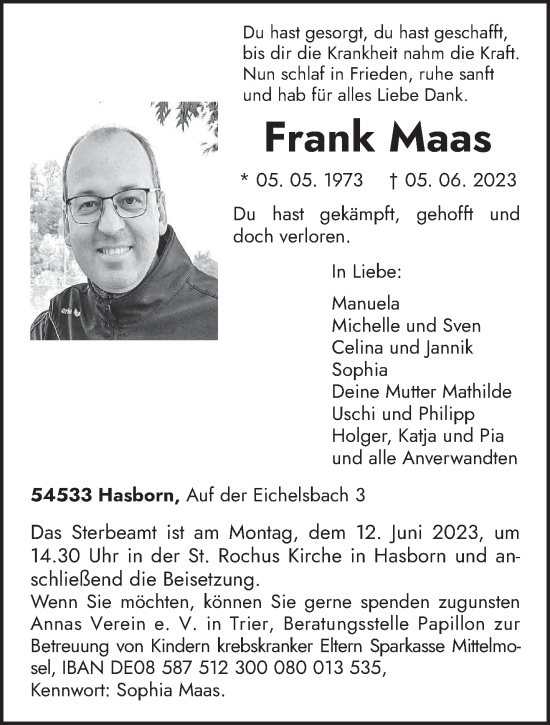 Traueranzeige von Frank Maas von trierischer_volksfreund