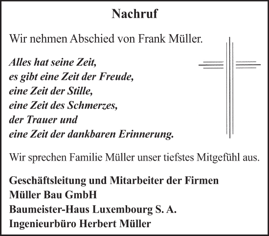 Traueranzeige von Frank Müller von trierischer_volksfreund