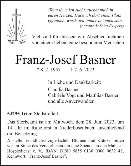 Traueranzeige von Franz-Josef Basner von trierischer_volksfreund