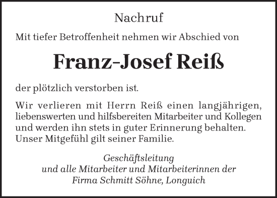 Traueranzeige von Franz-Josef Reiß von trierischer_volksfreund
