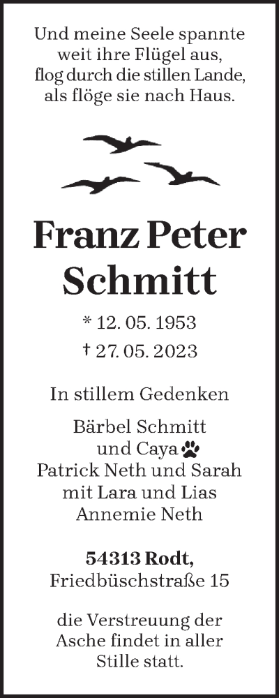 Traueranzeige von Franz Peter Schmitt von trierischer_volksfreund