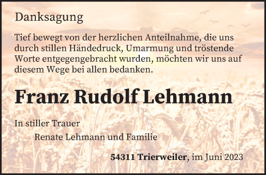 Traueranzeige von Franz Rudolf Lehmann von trierischer_volksfreund