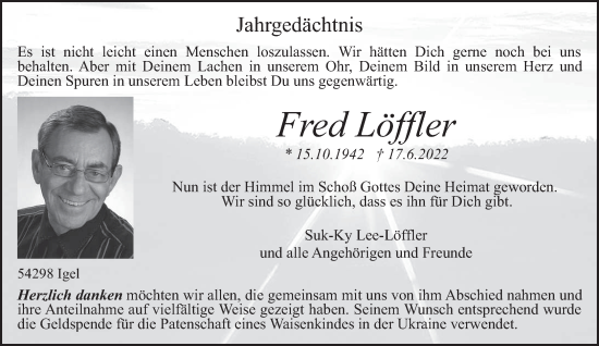 Traueranzeige von Fred Löffler von trierischer_volksfreund