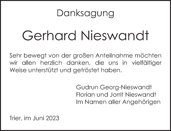 Traueranzeige von Gerhard Nieswandt von trierischer_volksfreund