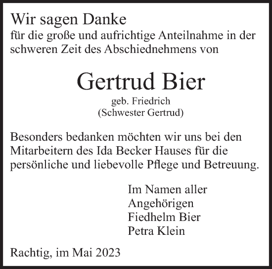 Traueranzeige von Gertrud Bier von trierischer_volksfreund