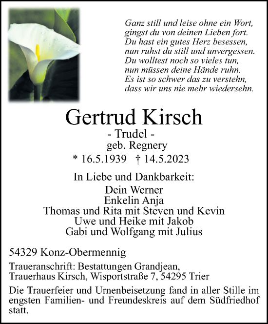 Traueranzeige von Gertrud Kirsch von trierischer_volksfreund