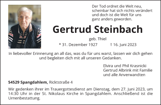 Traueranzeige von Gertrud Steinbach von trierischer_volksfreund