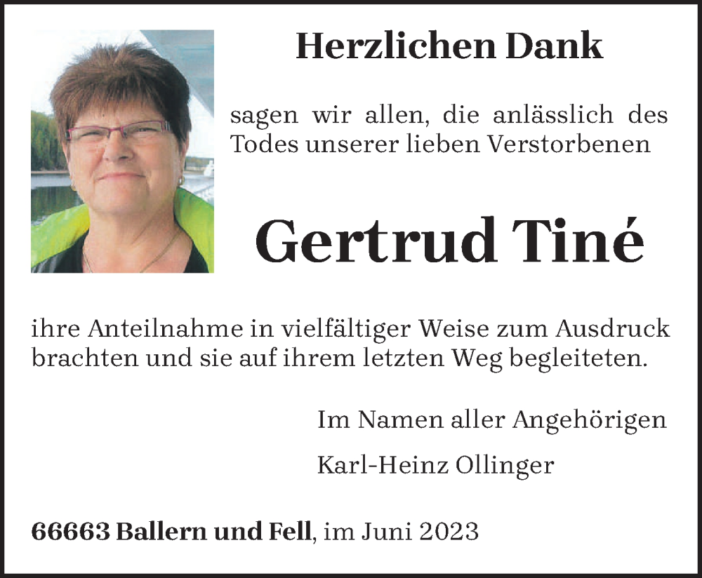  Traueranzeige für Gertrud Tiné vom 10.06.2023 aus trierischer_volksfreund