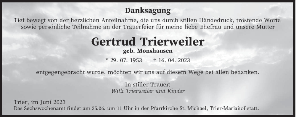 Traueranzeige für Gertrud Trierweiler vom 02.06.2023 aus trierischer_volksfreund