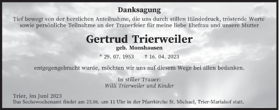 Traueranzeige von Gertrud Trierweiler von trierischer_volksfreund