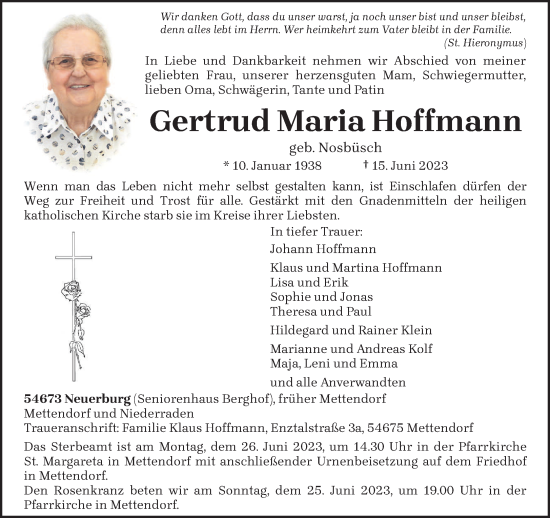 Traueranzeige von Gertrud Maria Hoffmann von trierischer_volksfreund