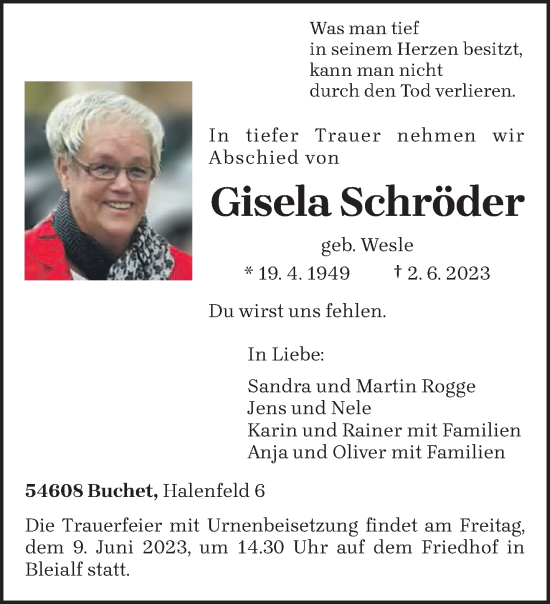 Traueranzeige von Gisela Schröder von trierischer_volksfreund