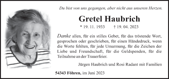Traueranzeige von Gretel Haubrich von trierischer_volksfreund