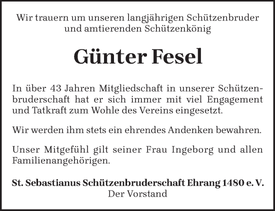Traueranzeige von Günter Fesel von trierischer_volksfreund