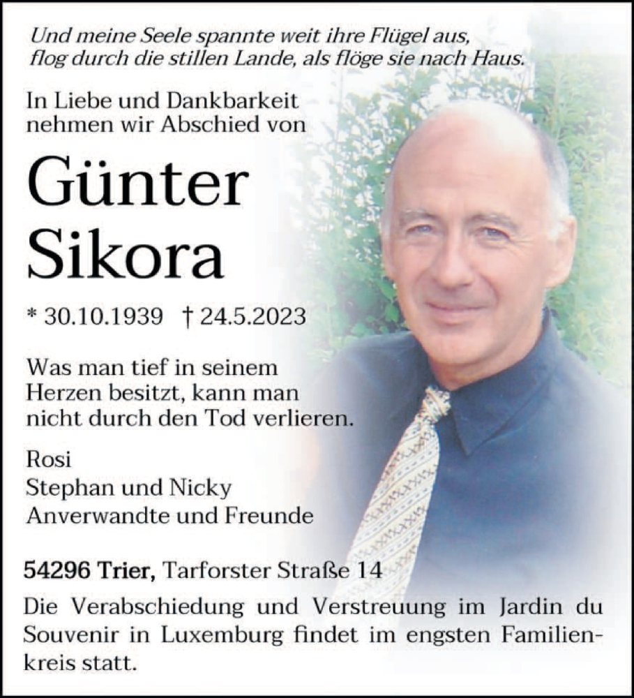  Traueranzeige für Günter Sikora vom 03.06.2023 aus trierischer_volksfreund