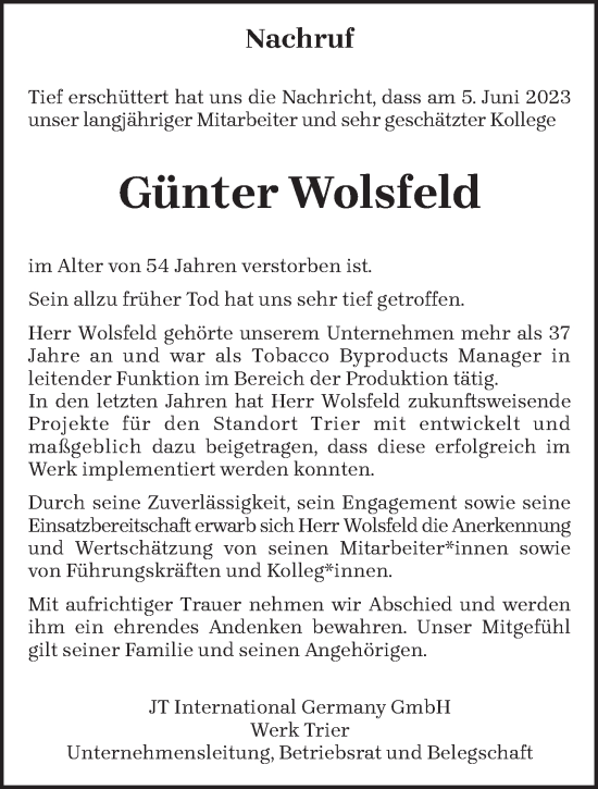 Traueranzeige von Günter Wolsfeld von trierischer_volksfreund