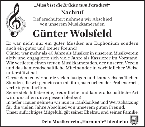 Traueranzeige von Günter Wolsfeld von trierischer_volksfreund