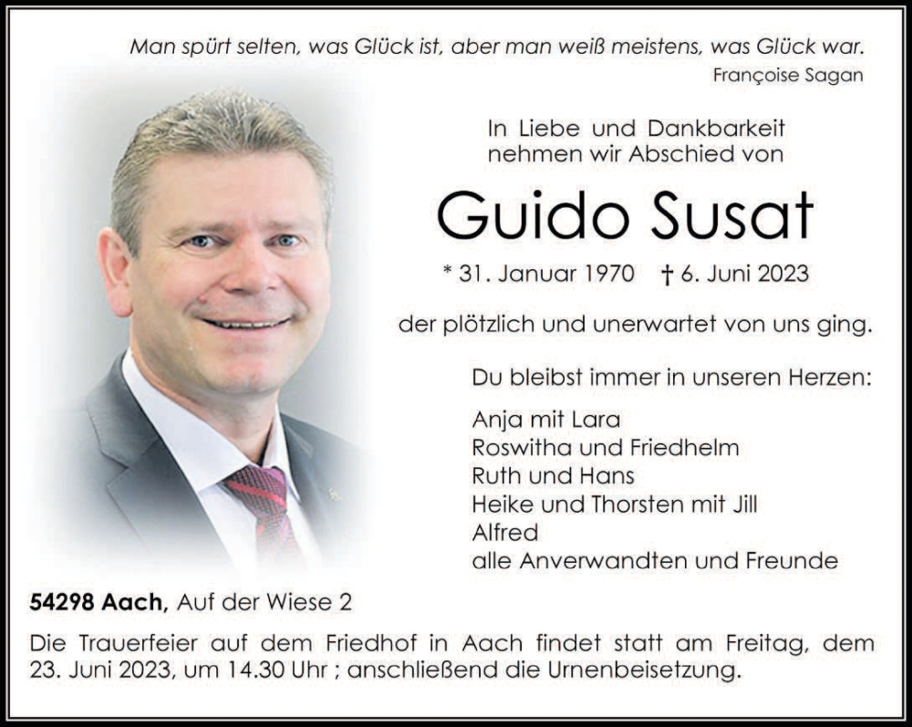  Traueranzeige für Guido Susat vom 17.06.2023 aus trierischer_volksfreund