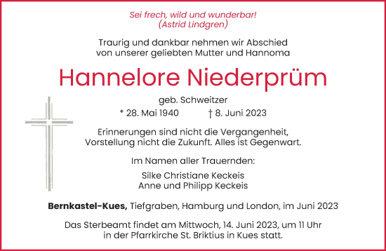 Traueranzeige von Hannelore Niederprüm von trierischer_volksfreund
