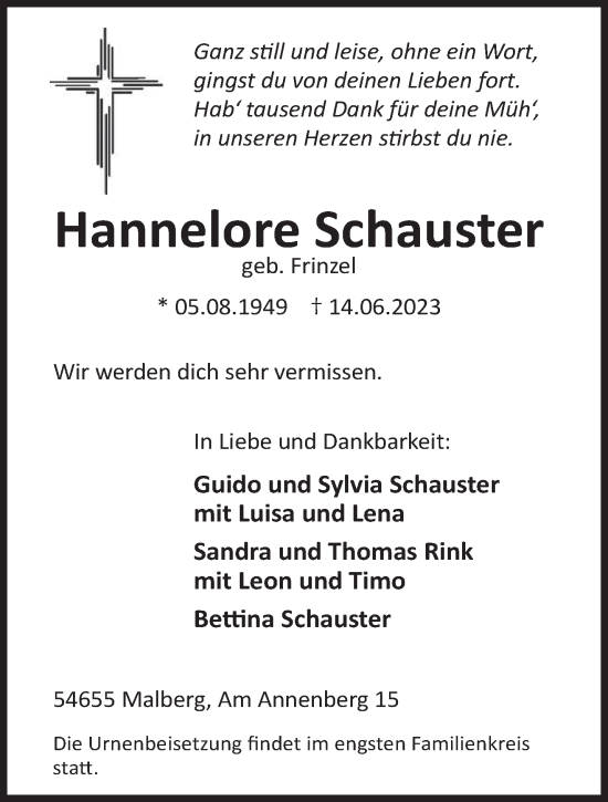 Traueranzeige von Hannelore Schauster von trierischer_volksfreund