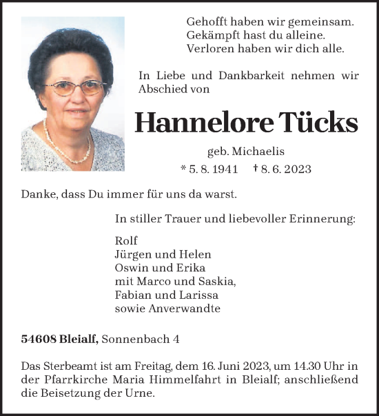 Traueranzeige von Hannelore Tücks von trierischer_volksfreund