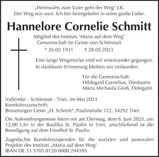 Traueranzeige von Hannelore Cornelie Schmitt von trierischer_volksfreund