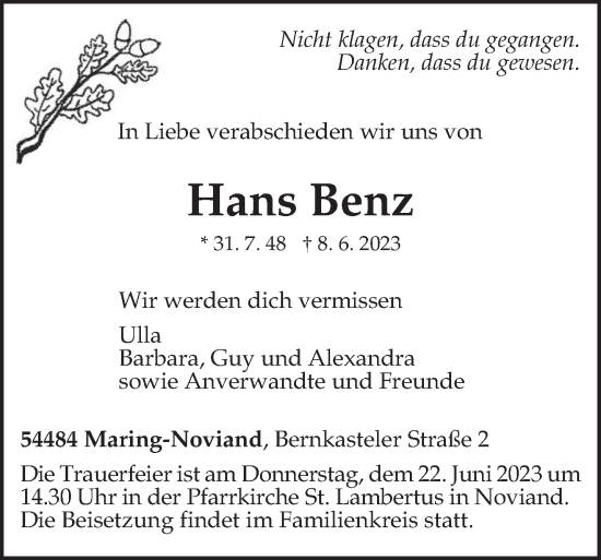 Traueranzeige von Hans Benz von trierischer_volksfreund