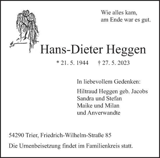 Traueranzeige von Hans-Dieter Heggen von trierischer_volksfreund
