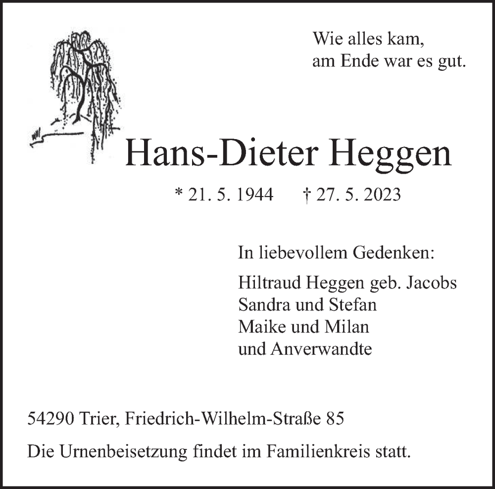  Traueranzeige für Hans-Dieter Heggen vom 03.06.2023 aus trierischer_volksfreund