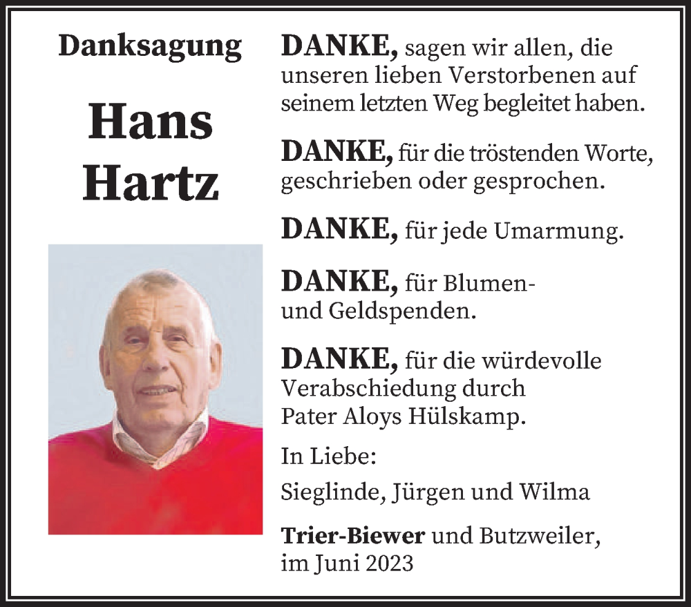  Traueranzeige für Hans Hartz vom 10.06.2023 aus trierischer_volksfreund