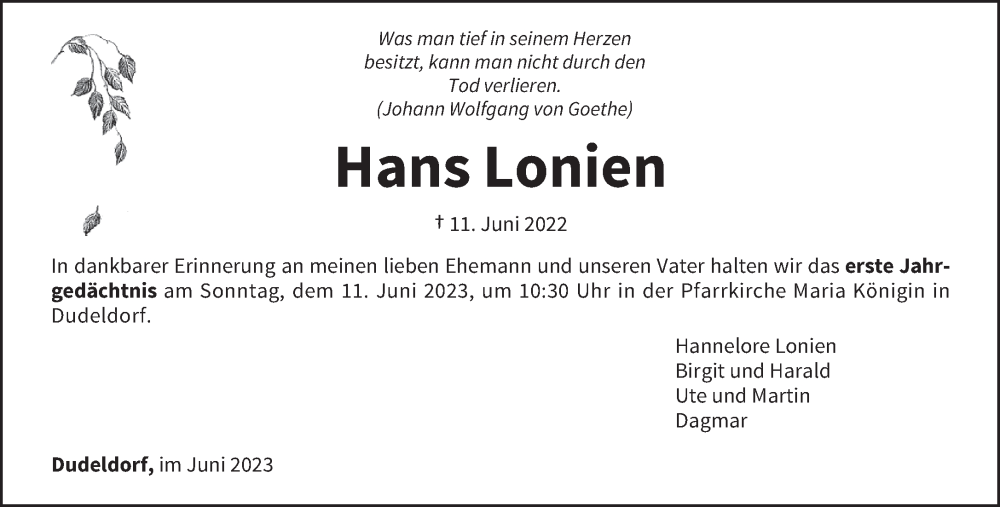  Traueranzeige für Hans Lonien vom 03.06.2023 aus trierischer_volksfreund