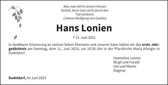 Traueranzeige von Hans Lonien von trierischer_volksfreund