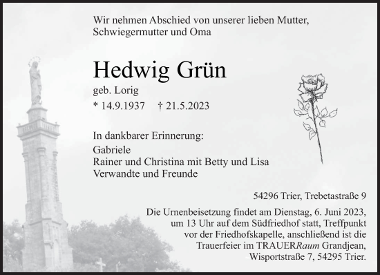 Traueranzeige von Hedwig Grün von trierischer_volksfreund