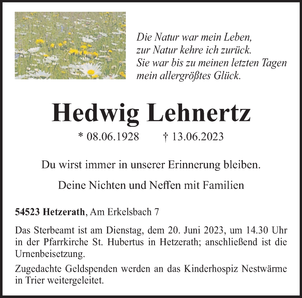  Traueranzeige für Hedwig Lehnertz vom 17.06.2023 aus trierischer_volksfreund