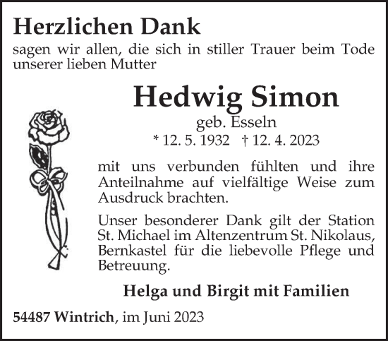 Traueranzeige von Hedwig Simon von trierischer_volksfreund