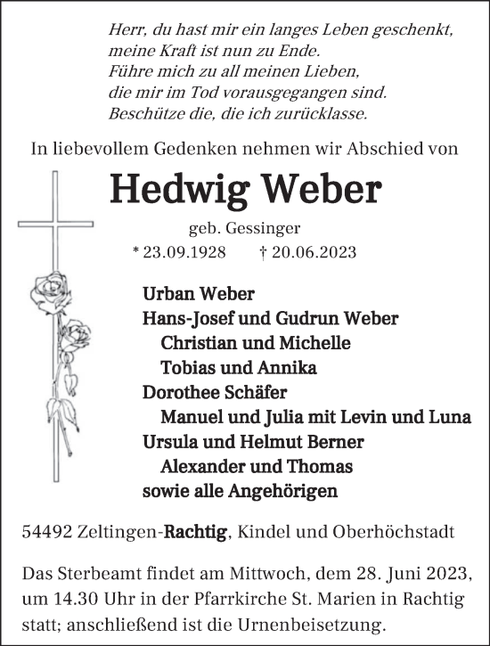 Traueranzeige von Hedwig Weber von trierischer_volksfreund