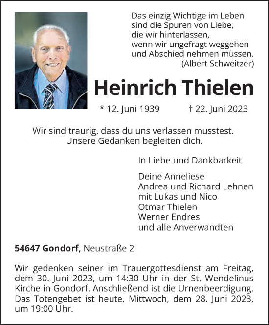 Traueranzeige von Heinrich Thielen von trierischer_volksfreund