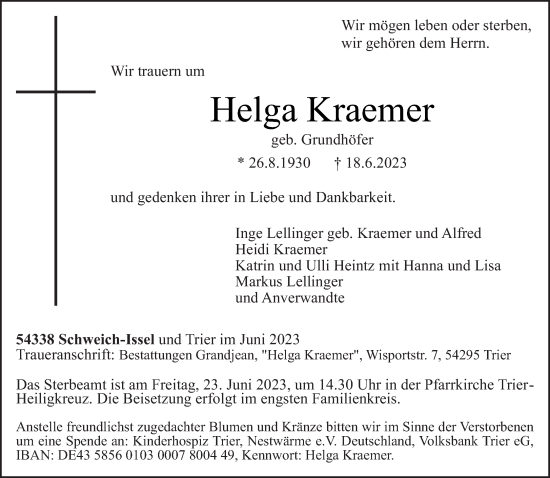 Traueranzeige von Helga Kraemer von trierischer_volksfreund