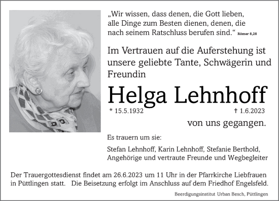 Traueranzeige von Helga Lehnhoff von trierischer_volksfreund